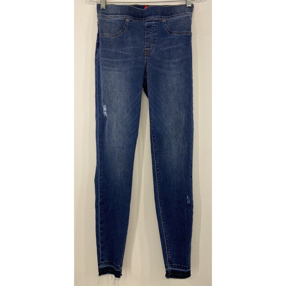 Spanx Pull On‎ Jeans Jeggings Pants Small Blue Distressed Raw Hem Skinny